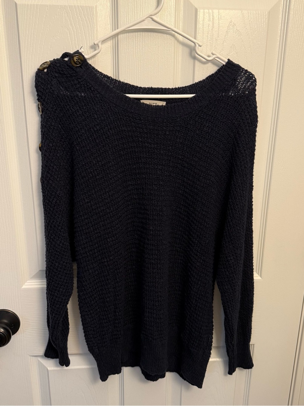 Mine Navy Blue Open Knit Button Shoulder Sweater